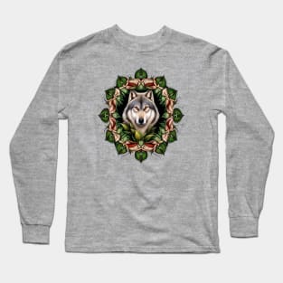 A Timber Wolf Surrounded By Lady's Slipper Minnesota State Tattoo Art Long Sleeve T-Shirt